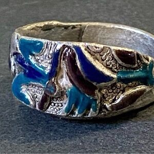 Rare Antique Chinese Asian Sterling Silver & Enamel Qing Dynasty Ring 8